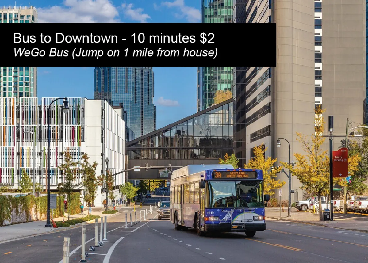 A dynamic exterior shot featuring a WeGo Bus, modern buildings, and a pedestrian pathway, highlighting accessible public transit options and the city’s vibrant urban environment. The colorful facade and active street scene emphasize urban connectivity.