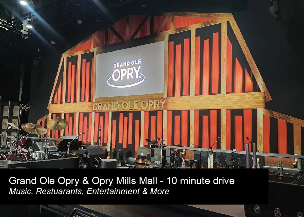 The iconic Grand Ole Opry stage, adorned with its recognizable logo, musical instruments, and a festive set design. The space radiates energy and cultural significance, highlighting the unique entertainment options available steps from the property.