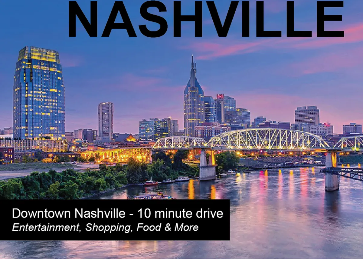 A sweeping cityscape capturing the vibrant downtown Nashville skyline, bridges arching over the river, and lively urban energy. The image evokes a sense of adventure, with hints of dining, shopping, and entertainment options throughout the city.