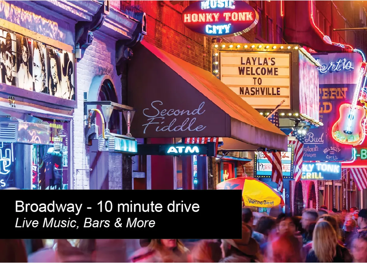 A lively exterior nighttime scene of Nashville’s Broadway, featuring neon signs, bustling crowds, and the entrances to popular live music venues and bars. The street is filled with people enjoying the vibrant atmosphere, indicative of the city’s famous nightlife.