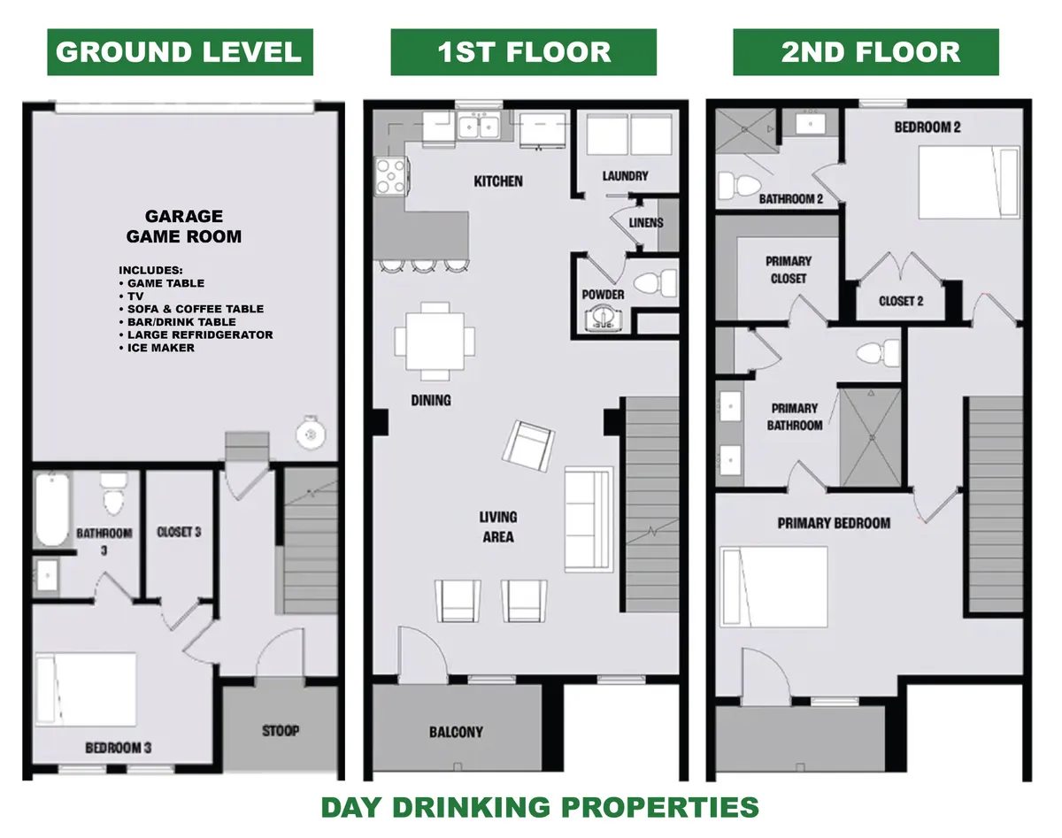 A wide-angle shot showing a seamless open-concept interior with a garage game room, kitchen, living area, primary bedroom, and balcony access. The living space is bright, modern, and flows naturally from one area to the next, with doors leading to the balcony.